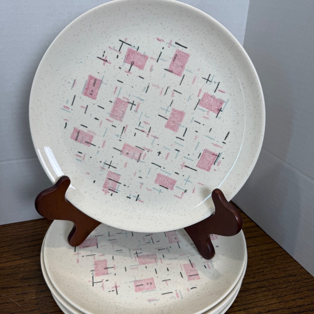 Vernonware Tickled Pink Dinner Plates Set of 7 MCM Atomic 10" Vintage USA